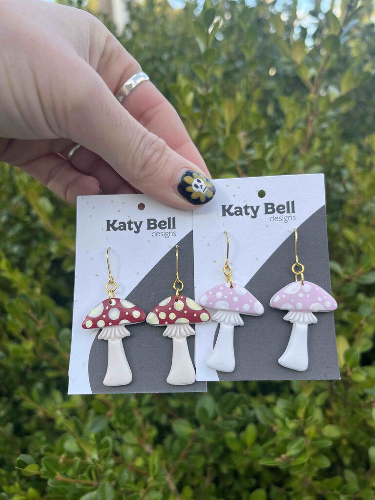 Pink Mushroom Dangles by Katy Bell Designs